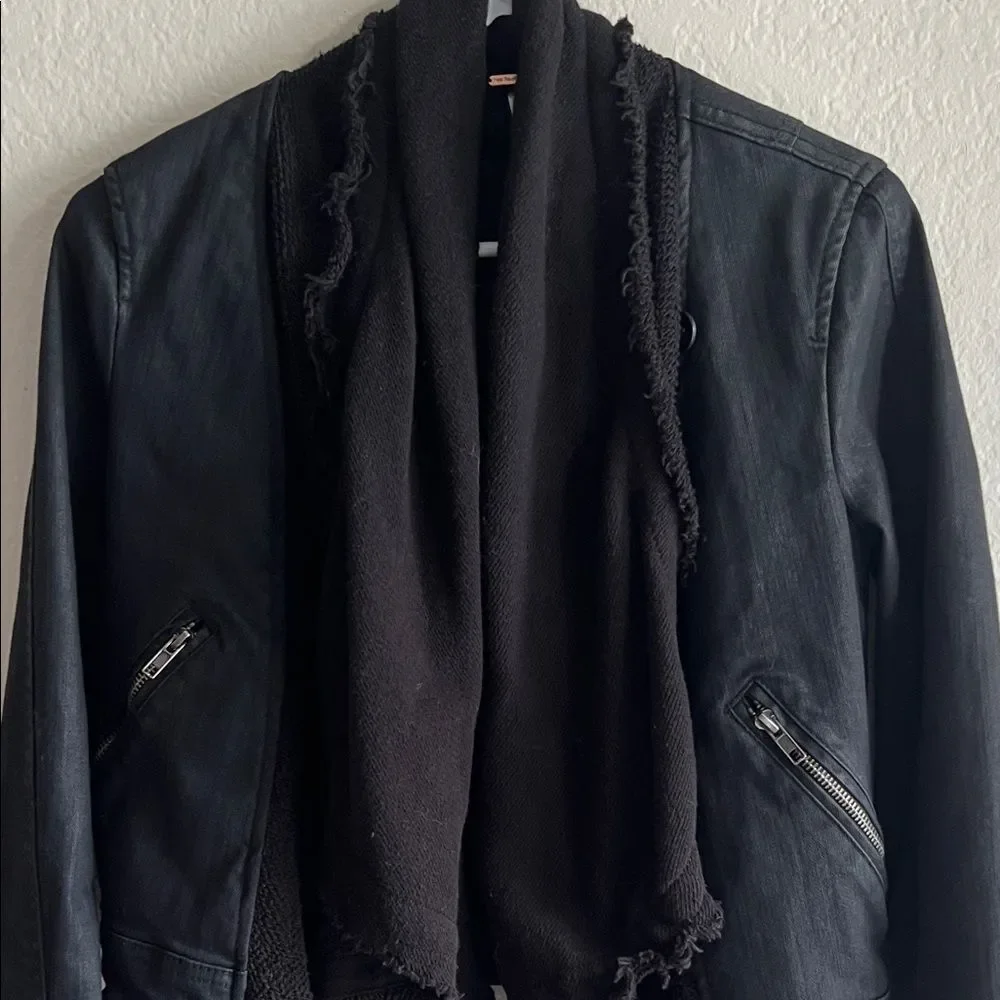 NWOT Free People Front Draped Coated Denim Moto Jacket Black size 2 - Picture 3 of 14